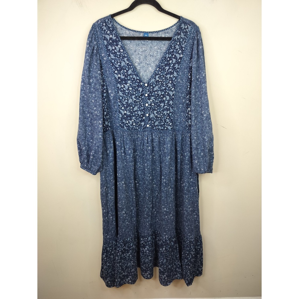 Old Navy Maxi Dress XXL Paisley Floral Patchwork Long Sleeve Boho Peasant